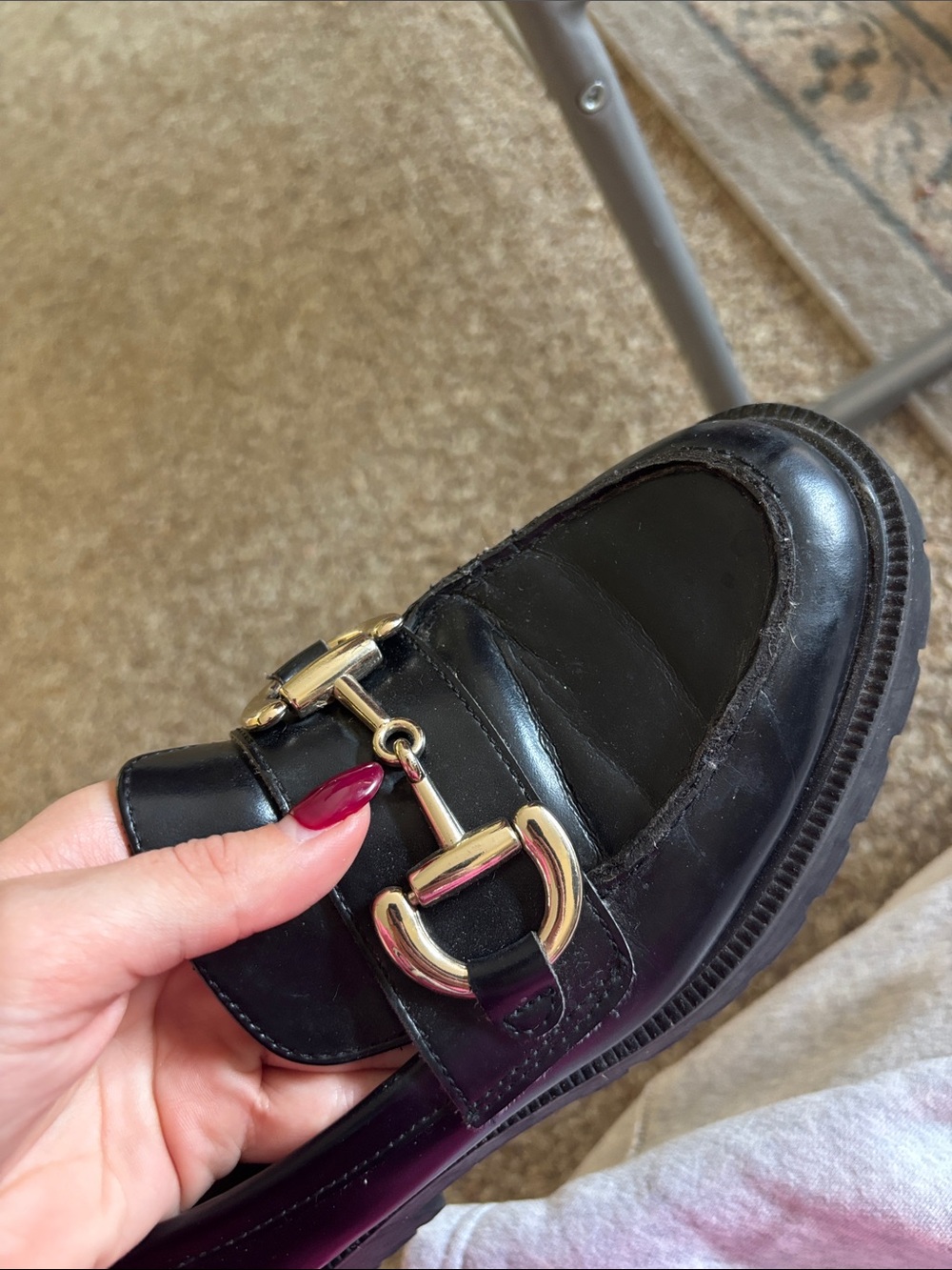 Classic Black faux Leather Women's Loafers with Gold Horsebit - Picture 2 of 2